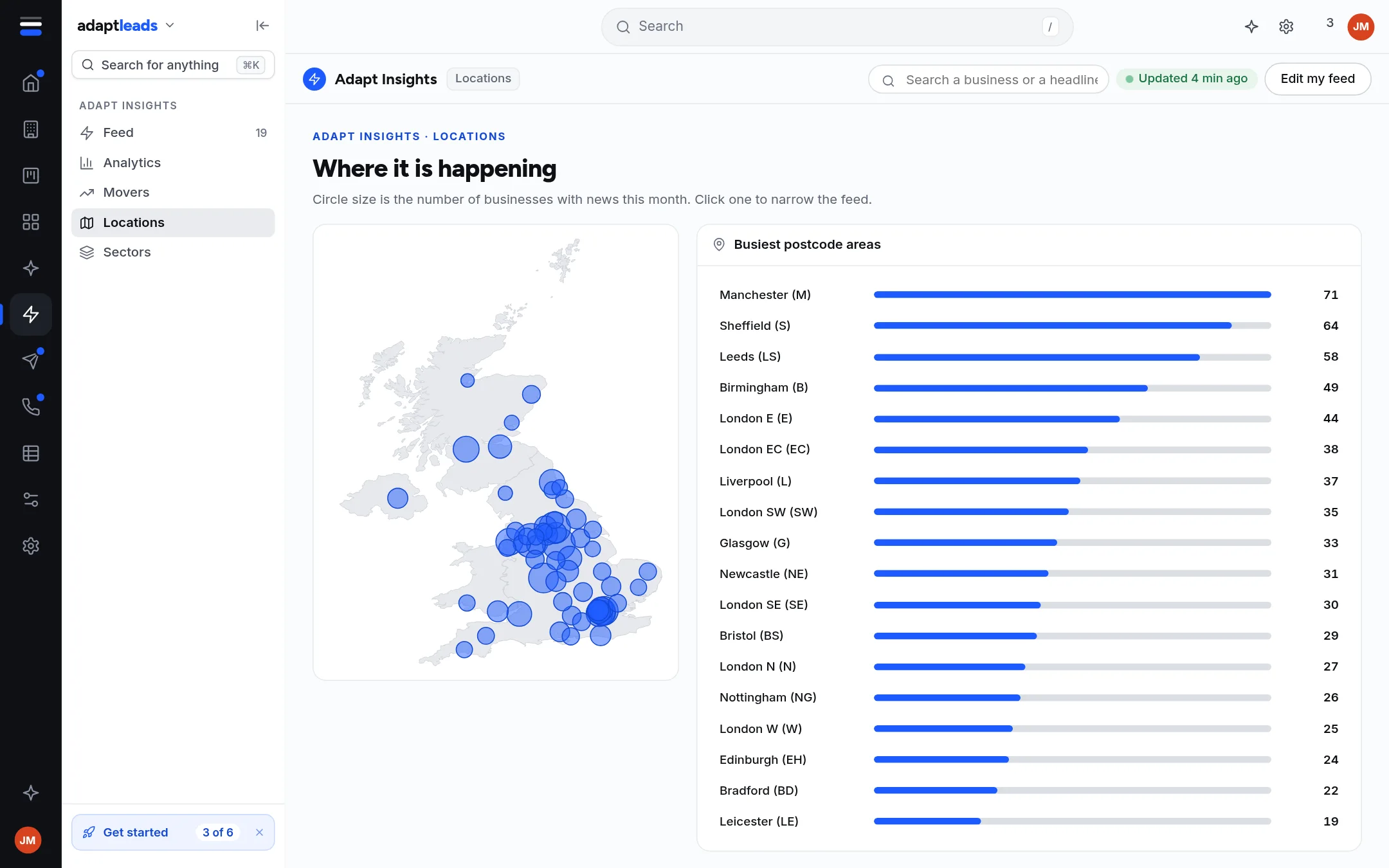 A map of the UK with circles by postcode area and a ranked list