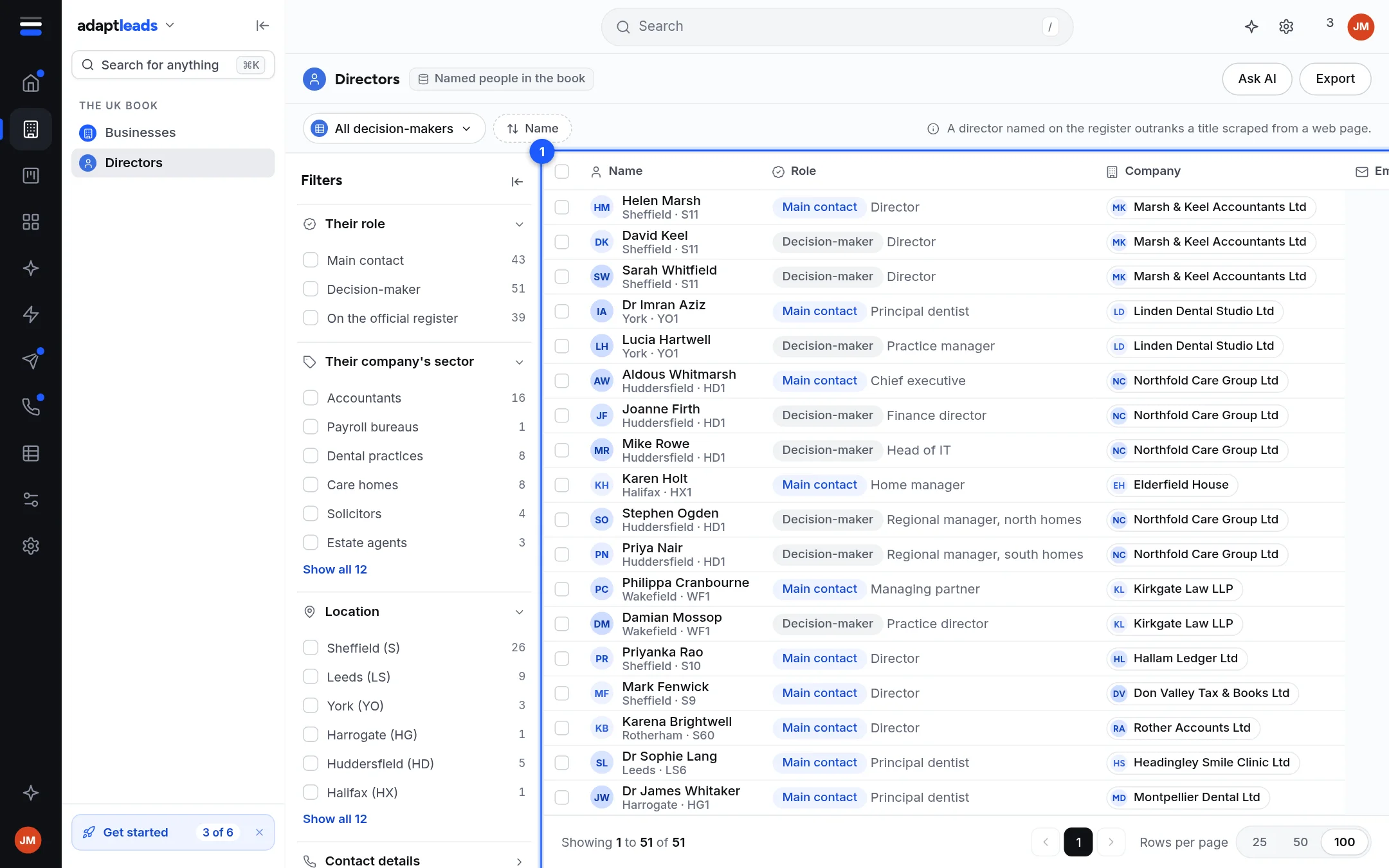 The Directors page listing named people with their companies (sample data)